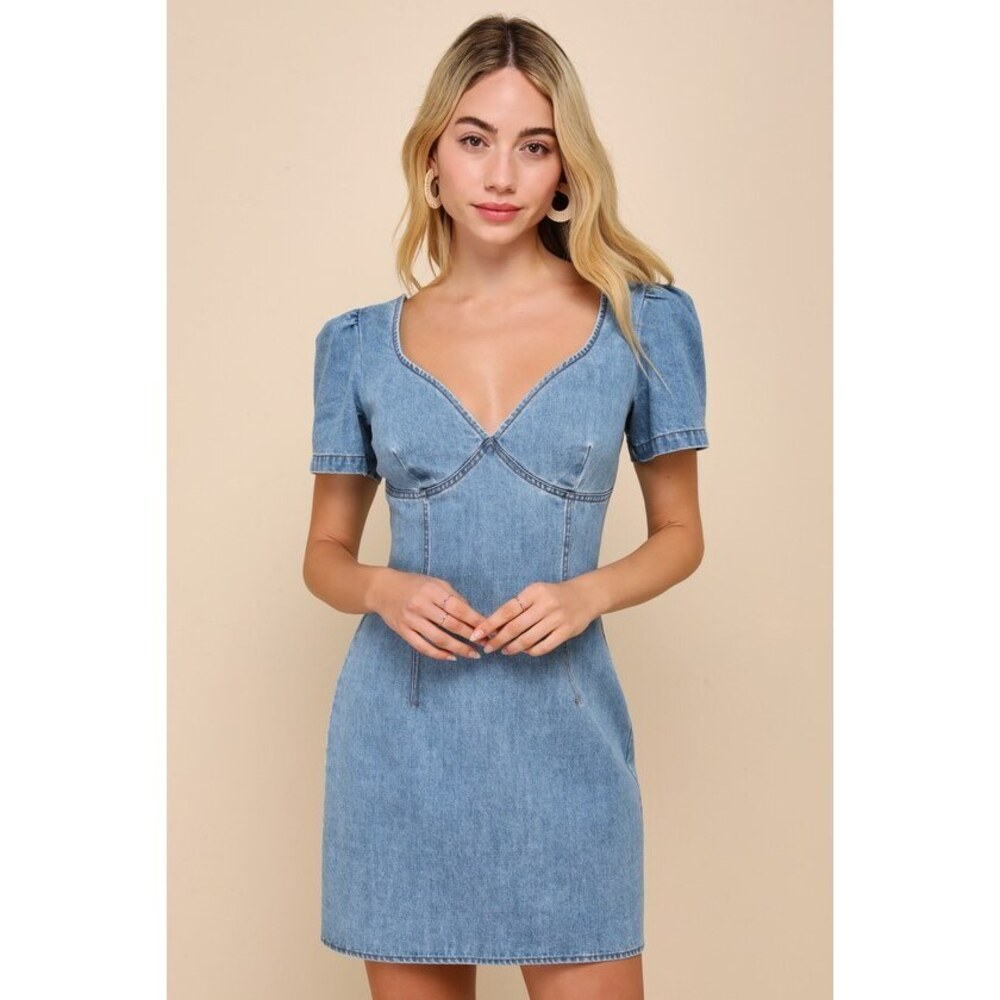 Lulus Dreamy Stroll Medium Wash Short Sleeve Denim Mini Dress Blue - Size M